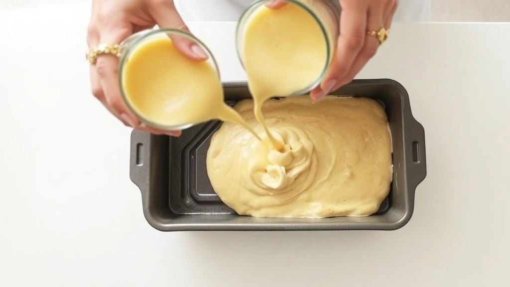 process: hands pouring creamy banana batter into greased loaf pan, overhead view, bright kitchen counter, natural window light, no text or watermarks