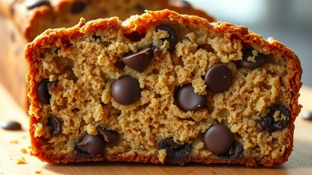 detail: close-up cross-section of moist banana bread slice showing tender crumb structure, chocolate chips and nuts visible, golden interior, shallow depth of field, natural sunlight, no text or watermarks