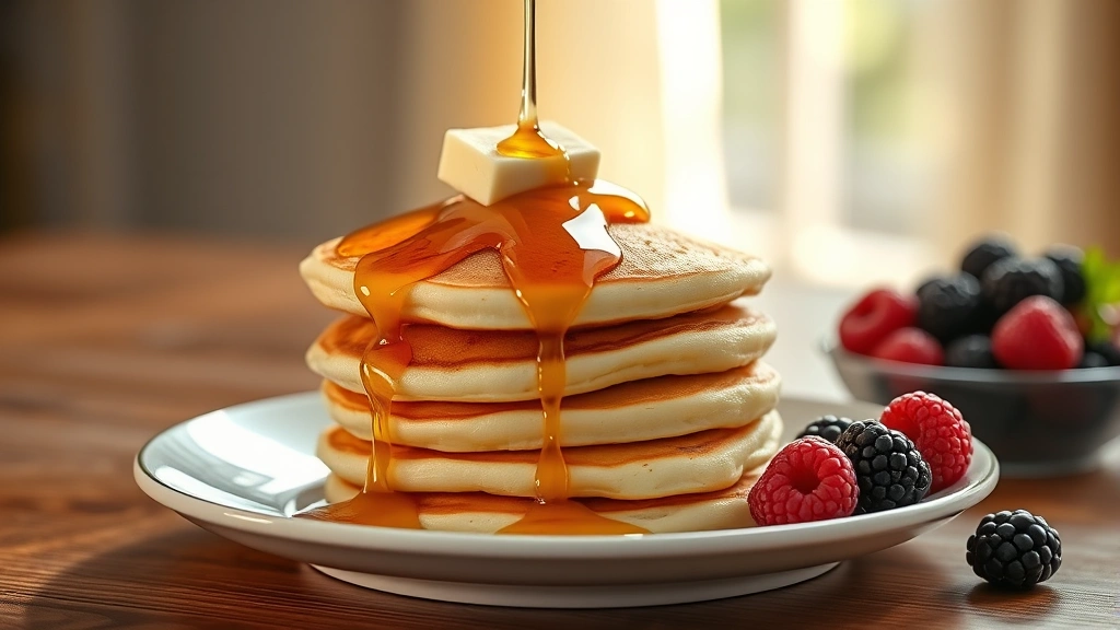 hero: stack of fluffy golden buttermilk pancakes topped with butter and maple syrup dripping down, fresh berries on the side, warm natural morning light streaming in, wooden table background, photorealistic, no text
