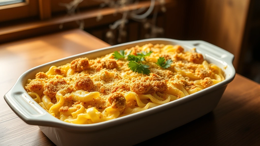 hero: Golden-brown egg noodle casserole in white baking dish with crispy panko topping, steam rising, fresh parsley garnish, warm natural window light, wooden table background