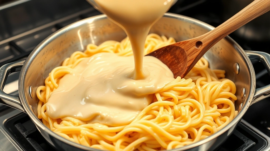 process: Creamy cheese sauce being poured over egg noodles in large skillet, melted cheddar and gruyere visible, wooden spoon stirring, professional kitchen lighting