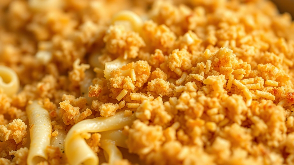 detail: Close-up of crispy golden panko breadcrumb topping on casserole showing texture and shredded cheese, with hints of noodles beneath, macro photography, shallow depth of field