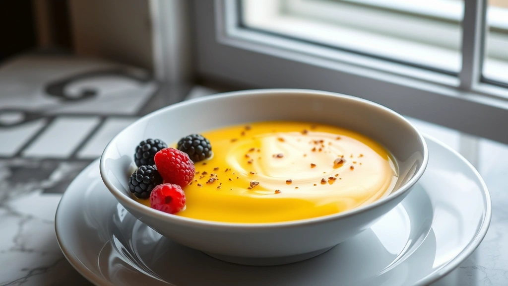 hero: bowl of silky golden egg yolk custard with vanilla bean specks, served in elegant white dish with fresh berries on the side, photorealistic, natural window light, no text, elegant plating