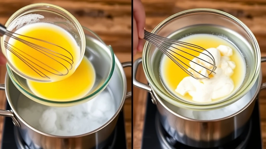 process: whisking pale egg yolks and sugar in clear glass bowl over steaming pot of water, action shot, photorealistic, natural light, no text, double boiler setup visible