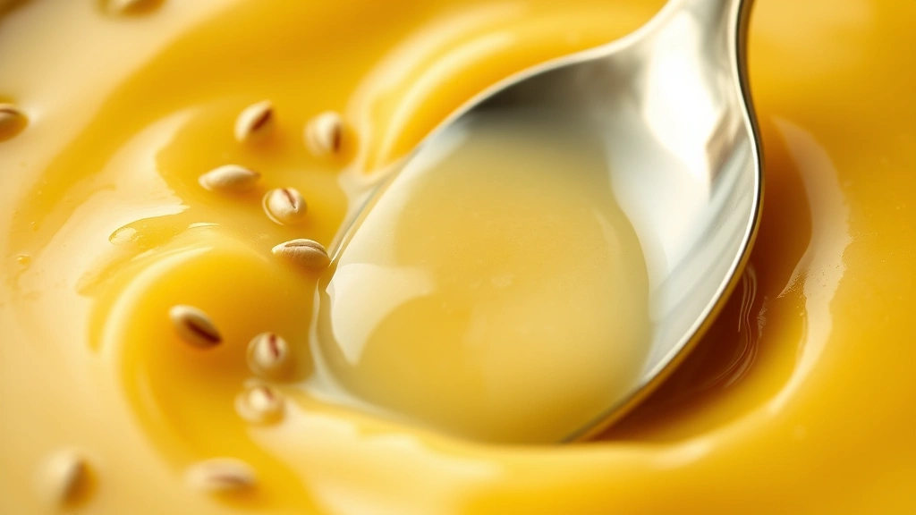 detail: close-up macro shot of rich golden custard texture with vanilla bean seeds visible, spoon drawing through glossy surface, photorealistic, natural light, no text, shallow depth of field