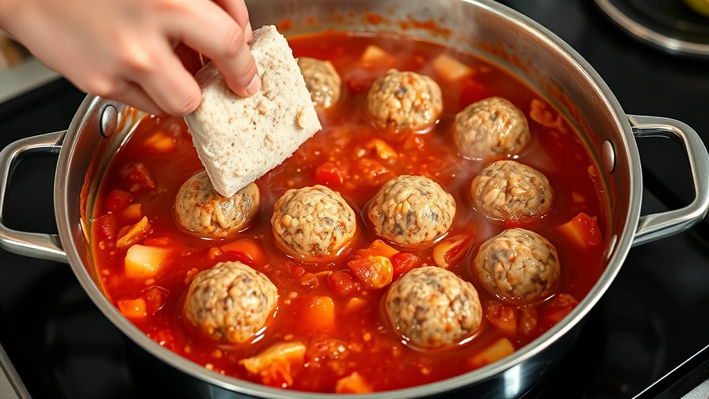 process: hand stirring frozen meatballs into simmering tomato sauce in large skillet, steam rising, garlic and onions visible, photorealistic, natural kitchen light, no text
