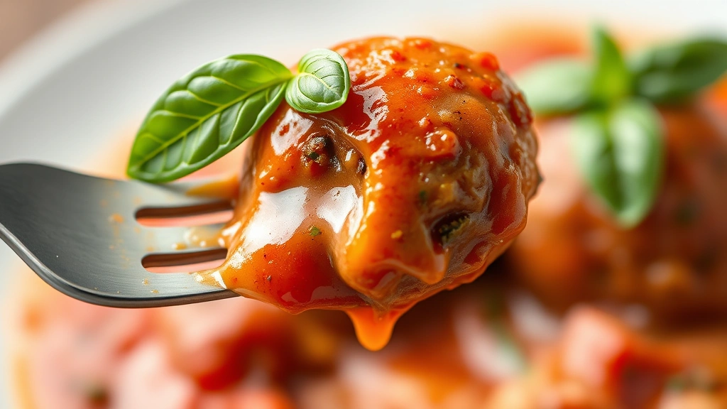detail: close-up of single meatball on fork with sauce dripping, fresh basil leaf on top, creamy tomato sauce coating, photorealistic, natural light, no text, shallow depth of field