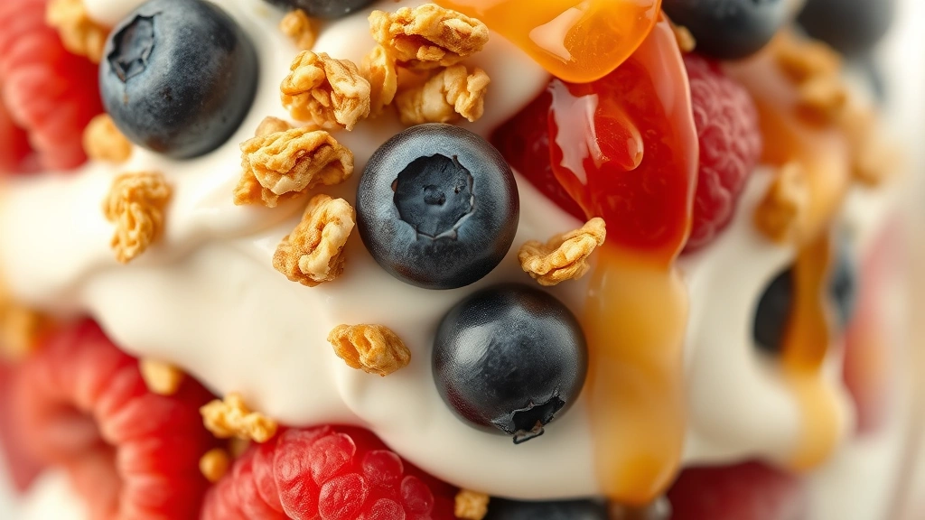 detail: close-up macro shot of parfait layers showing texture of creamy Greek yogurt, crunchy granola pieces, individual fresh blueberries and raspberries, honey drizzle, photorealistic, golden natural light, no text