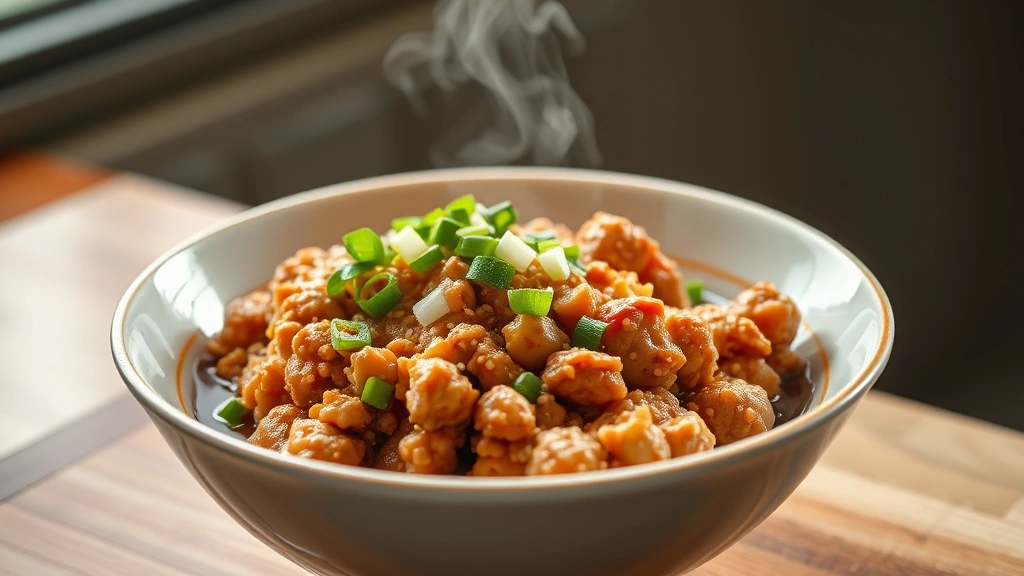 hero: bowl of ground chicken with sauce, green onions and sesame seeds garnish, steam rising, photorealistic, natural window light, no text