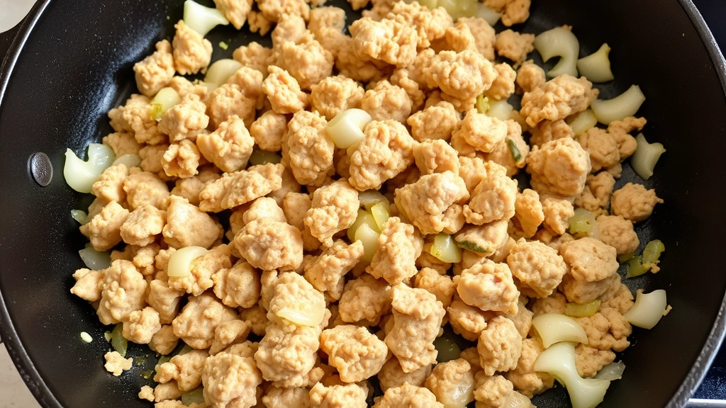 process: ground chicken browning in cast iron skillet with onions and garlic, mid-cooking, photorealistic, natural light, no text