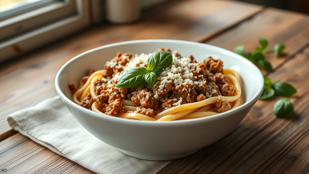 hero: creamy ground sausage pasta in white bowl with fresh basil and parmesan, photorealistic, natural window light, rustic wooden table background, no text