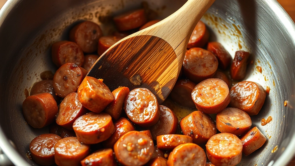 process: browning Italian sausage in stainless steel skillet with wooden spoon, photorealistic, warm kitchen lighting, close angle showing texture of cooked meat, no text