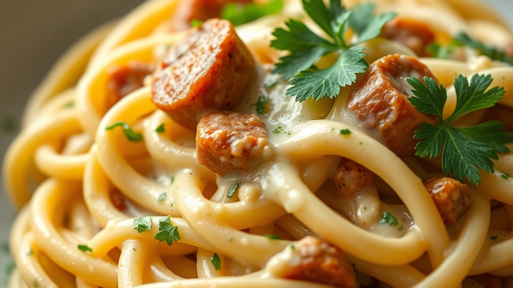 detail: close-up of finished pasta with creamy sauce clinging to penne, visible sausage pieces and fresh parsley garnish, photorealistic, shallow depth of field, natural light, no text