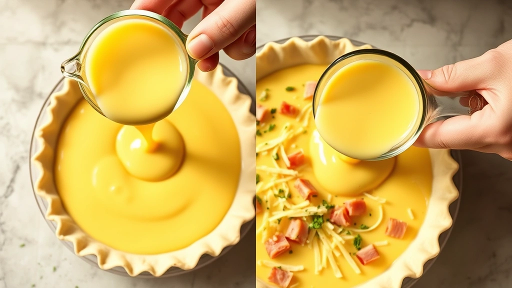 process: pouring silky egg custard mixture into pie crust with ham and cheese, overhead angle, natural bright kitchen light, hands holding measuring cup, no text