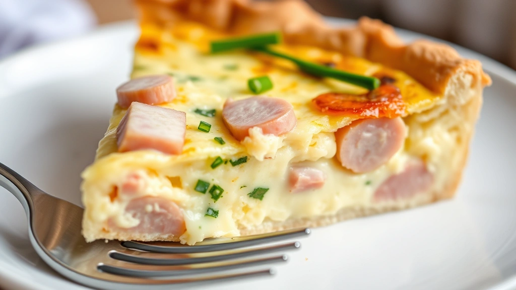 detail: close-up of quiche slice showing layers of flaky crust, creamy custard, melted cheese and ham pieces, fresh chives garnish on top, fork beside plate, shallow depth of field, no text