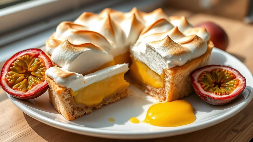 hero: beautiful passionfruit tart with golden torched meringue topping, slice removed showing layers of pastry and silky yellow curd filling, on white plate with fresh passionfruit halves beside, natural window light, sharp focus