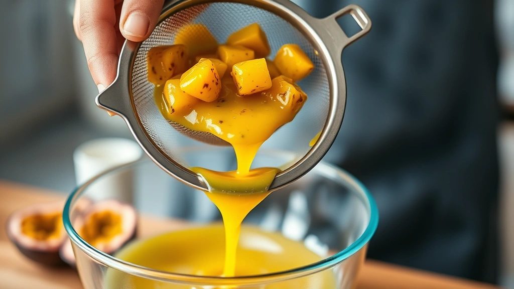 process: hand holding sieve over bowl straining passionfruit pulp and juice, golden liquid flowing through mesh, blurred kitchen background, natural daylight, macro photography