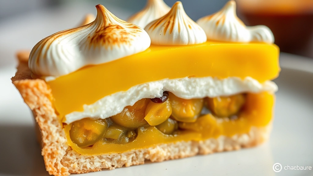 detail: close-up cross-section slice of passionfruit tart showing three distinct layers - crisp golden pastry shell, smooth yellow passionfruit curd, and toasted meringue peaks, fresh passionfruit seeds visible in filling, shallow depth of field, natural light