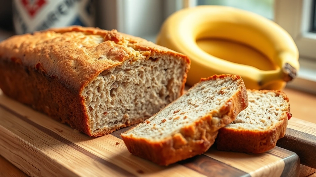 hero: freshly baked banana bread loaf sliced on wooden board, golden-brown exterior, moist tender crumb visible, whole ripe bananas beside it, photorealistic, warm natural morning light from window, no text