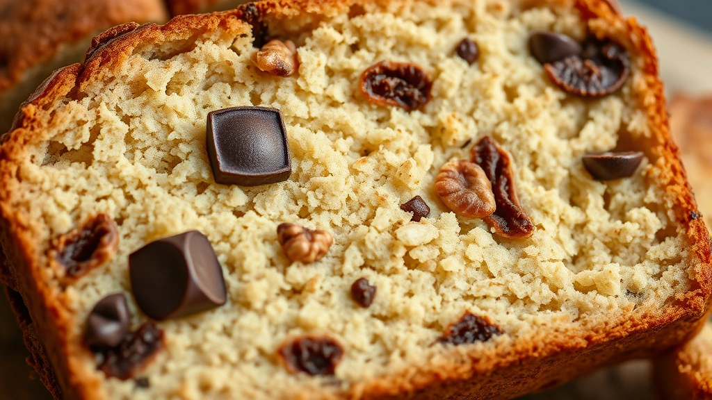 detail: close-up cross-section of banana bread slice showing tender crumb structure with chocolate chips, toasted walnut pieces visible, photorealistic, macro photography, soft natural light, no text