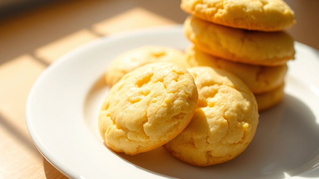 hero: Golden baked yellow cake cookies arranged on a white plate, stacked slightly, natural sunlight streaming across, showing texture and tenderness, soft shadows, no text or watermarks