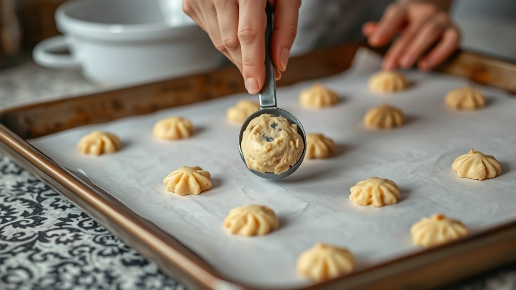 process: Hands using cookie scoop to drop dough onto parchment lined baking sheet, warm kitchen lighting, close action shot, no text