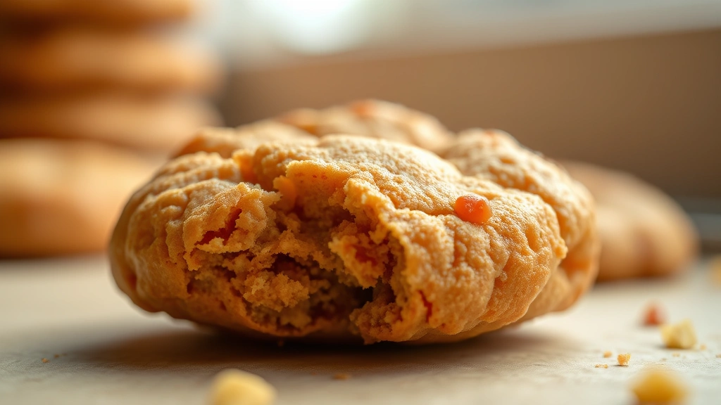 detail: Close-up macro shot of single baked cookie showing golden edges and chewy center texture, shallow depth of field, crumb detail visible, natural window light, no text