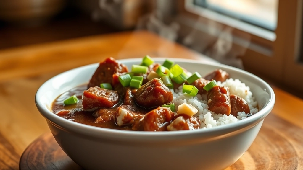 hero: steaming bowl of dark brown andouille sausage gumbo with rice, garnished with green onions and served in a white ceramic bowl, photorealistic, warm natural light from window, no text