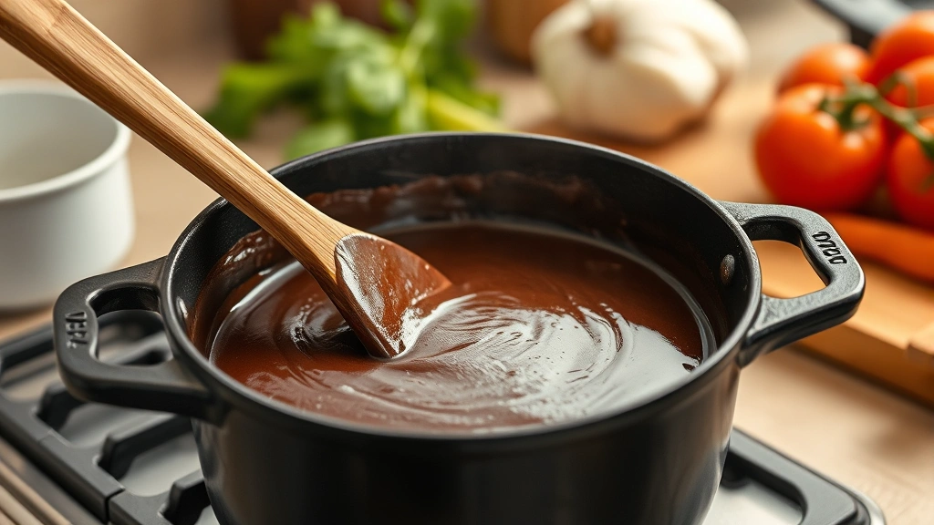 process: making dark chocolate brown roux in cast iron pot with wooden spoon, vegetables in background, photorealistic, kitchen counter lighting, no text