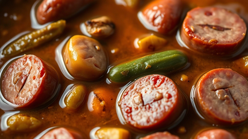 detail: close-up of andouille sausage slices and okra in gumbo, rich brown broth, photorealistic, shallow depth of field, natural light, no text
