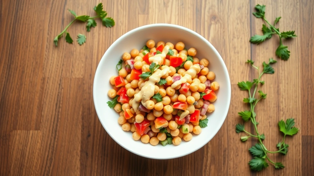 hero: overhead shot of vibrant chickpea salad in white bowl, colorful vegetables visible, tahini dressing drizzled on top, fresh herbs scattered, natural daylight from window, wooden table background, no text or watermarks