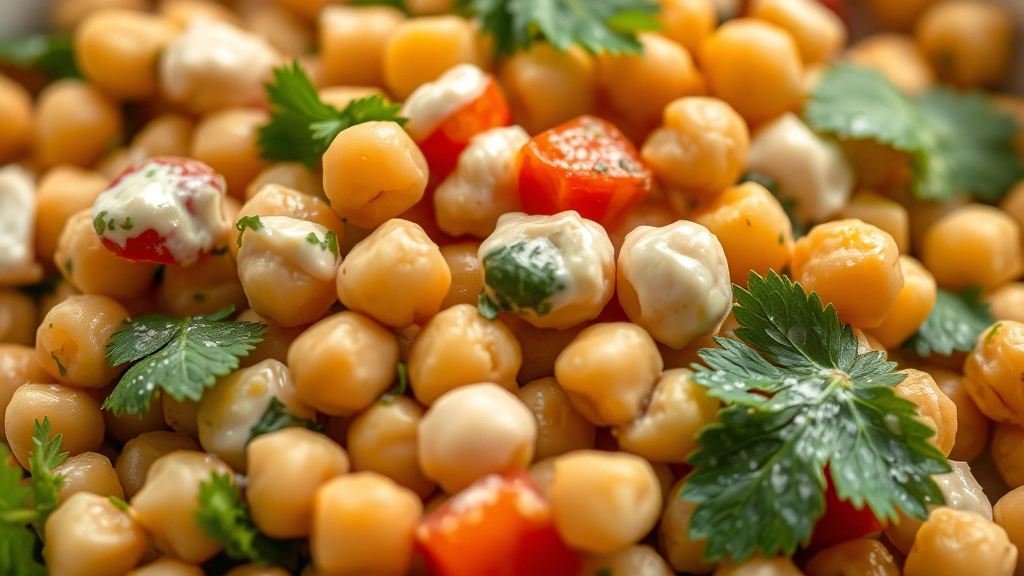 detail: macro close-up of chickpea salad showing texture of chickpeas, diced vegetables, creamy dressing coating, fresh parsley and mint leaves, shallow depth of field, warm natural light, no text