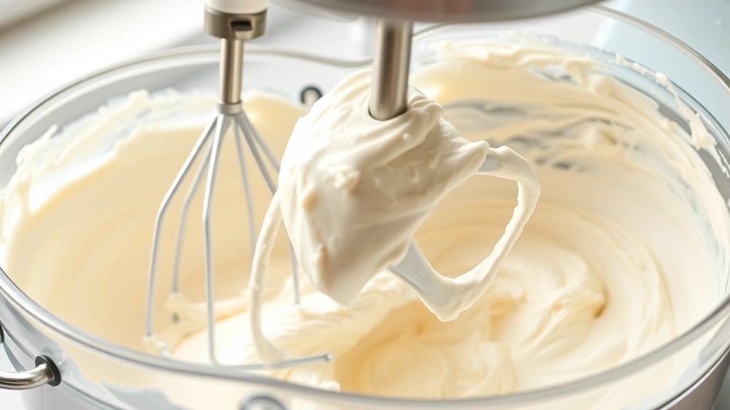 process: electric mixer beating fluffy cream cheese frosting, photorealistic, natural light, close-up of mixer paddle, no text