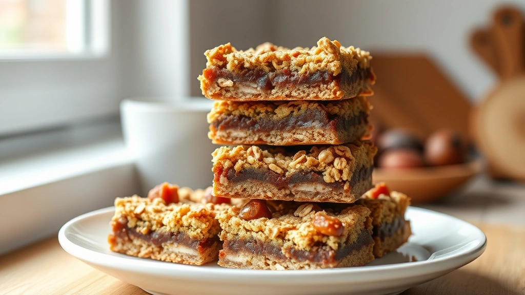 hero: golden-brown date bars stacked on a white ceramic plate, showing layers of oat crust and date filling, natural window light, cozy kitchen setting, no text