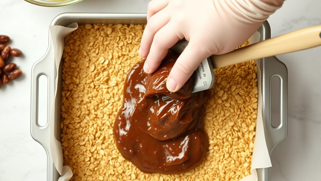 process: hand spreading thick date filling over golden oat crust in baking pan, top view, natural daylight, professional kitchen, no text