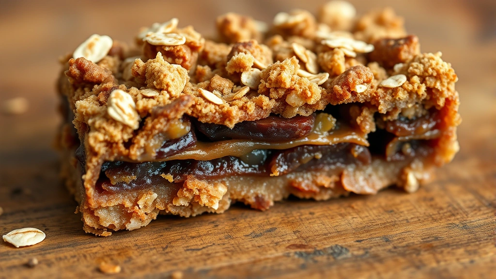 detail: close-up cross-section of single date bar showing crispy oat layer, chewy date center, and crumbly topping, rustic wooden surface, warm natural light, no text