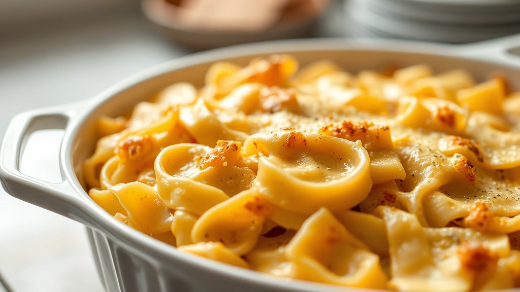 hero: golden-brown egg noodle casserole in white ceramic dish, creamy sauce coating noodles, melted cheese visible, natural kitchen lighting, shallow depth of field