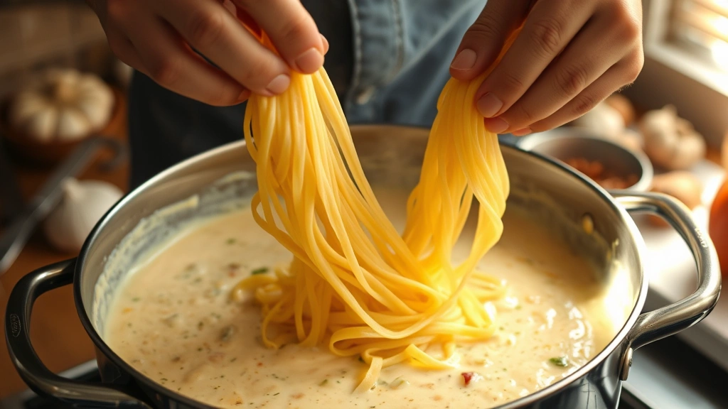 process: hands folding noodles into creamy cheese sauce in large pot, steam rising, garlic and onions visible, warm kitchen lighting, action shot