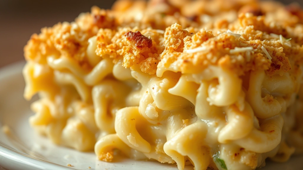 detail: close-up cross-section of egg noodle casserole showing creamy interior, tender noodles, melted cheese, golden breadcrumb topping, macro photography with soft focus background