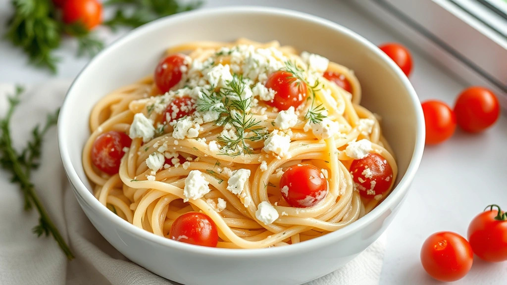 hero: creamy feta cheese pasta dish in white bowl, garnished with fresh dill and crumbled feta, cherry tomatoes visible, natural window light, professional food photography, no text or watermarks