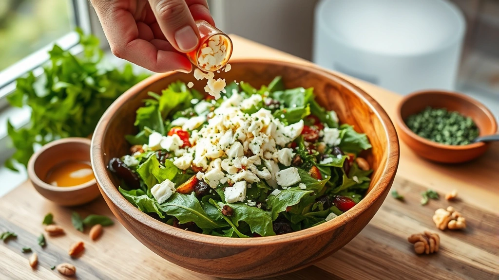 process: hand sprinkling crumbled feta cheese over mixed green salad in large wooden bowl, toasted nuts visible, fresh herbs scattered nearby, vinaigrette being drizzled, natural window light, culinary action shot, professional food styling