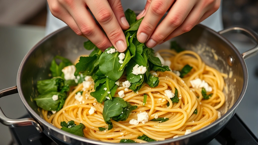 process: chef's hands folding fresh spinach into warm pasta with feta sauce in skillet, steam rising, natural kitchen light, action shot, no text or watermarks