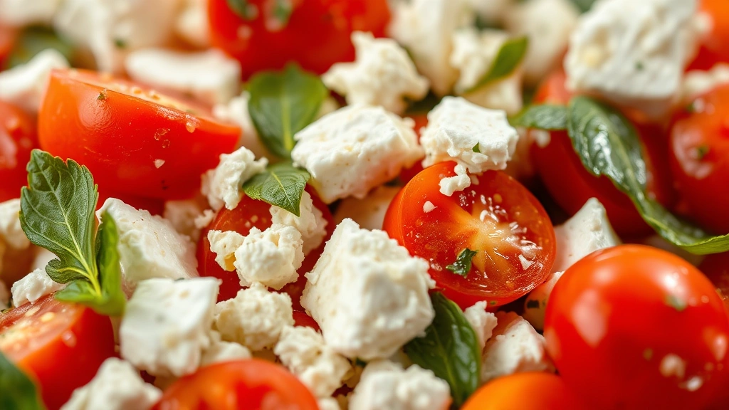 detail: close-up macro shot of creamy feta cheese crumbles mixed with glistening cherry tomato halves and fresh oregano leaves, shallow depth of field, droplets of vinaigrette visible, vibrant colors, textural detail, professional food photography lighting