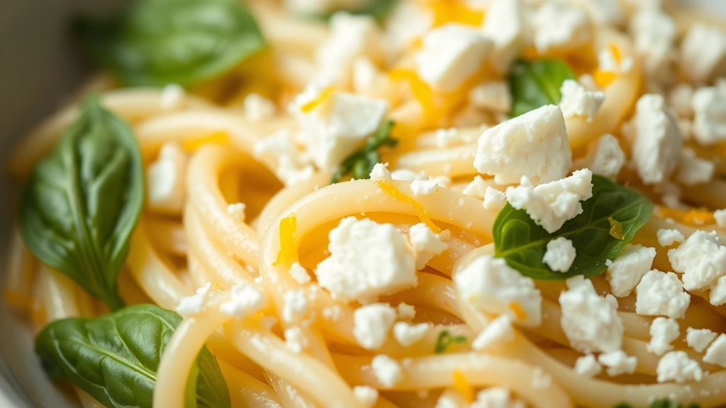 detail: close-up macro shot of creamy feta pasta with lemon zest, fresh basil leaves, and crumbled white cheese, shallow depth of field, natural lighting, no text or watermarks