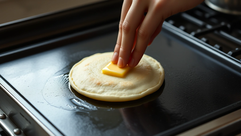 process: hand flipping pancake on griddle with butter, photorealistic, natural light, no text