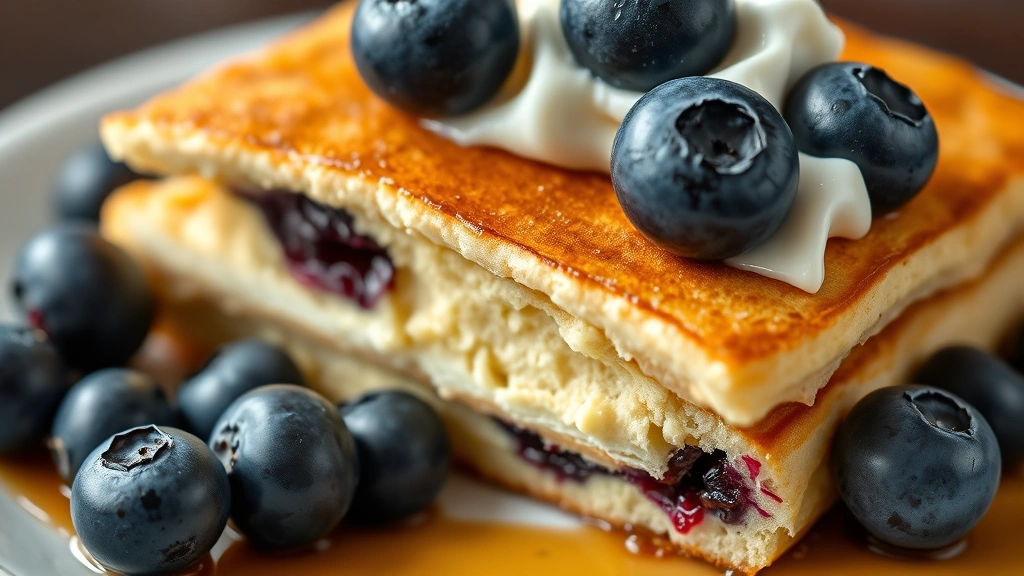 detail: close-up of bite of pancake with whipped cream and blueberries, photorealistic, natural light, no text