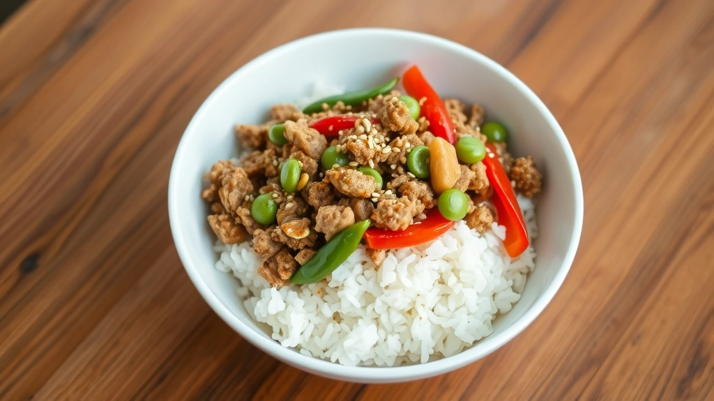 hero: steaming ground chicken stir fry served over jasmine rice in a white bowl, vibrant red bell peppers and green snap peas visible, sesame seeds scattered on top, shot from directly above with soft natural window light, wooden table surface, no text or watermarks