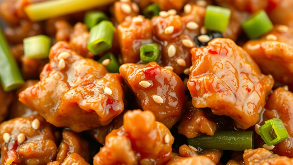 detail: close-up macro shot of finished ground chicken stir fry showing texture of glossy sauce coating chicken pieces and vegetables, sesame seeds and green onion garnish, shallow focus highlighting sauce sheen, natural diffused light, no text