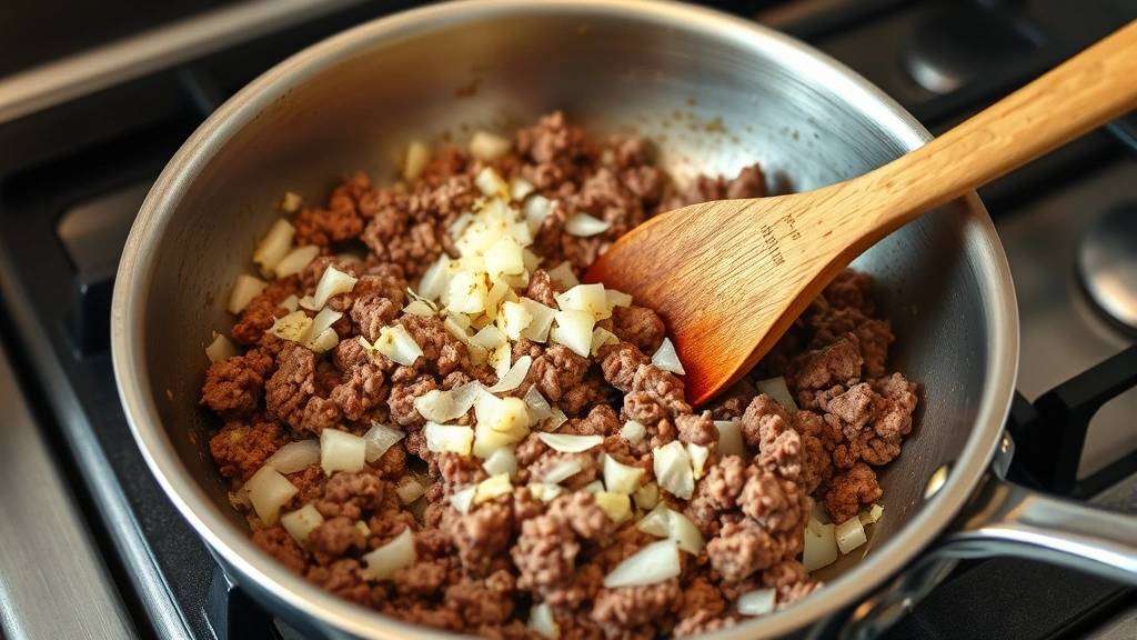 process: ground beef browning in stainless steel skillet with diced onions and garlic, wooden spoon stirring, stovetop setting, photorealistic natural light, no text