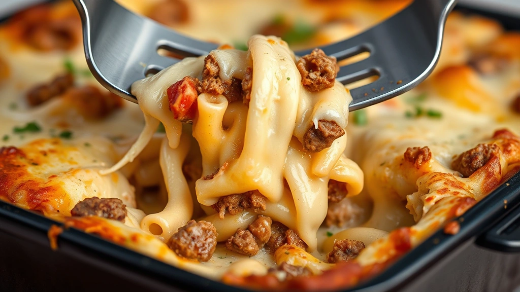 detail: close-up cross-section of casserole showing layers of creamy pasta and beef mixture, melted cheese stretching, fork removing a portion, photorealistic macro photography, natural light, no text